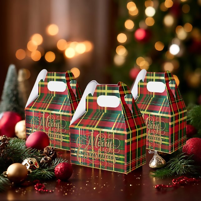 Festive Tartan Red and Green 'Merry Christmas' Presentaskar (Elegant Classic Tartan Christmas Red and Green Favor Boxes )