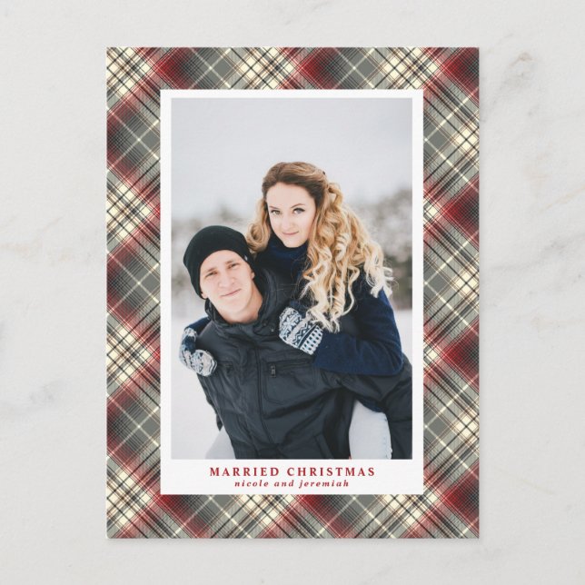 Festive Tartan Red Grått Married jul Photo Helg Vykort (Framsida)