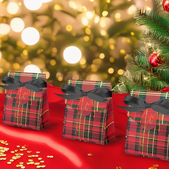 Festive Tartan Red & Grönt Guld 'Joy' Presentaskar (Stylish Christmas Red and Green 'Joy' Tartan Plaid Holiday Gift Favor Boxes )