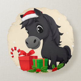 Festive Tecknad Black Horse with Santa Hat Rund Kudde