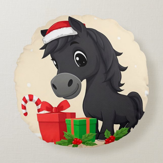 Festive Tecknad Black Horse with Santa Hat Rund Kudde (Framsidan)