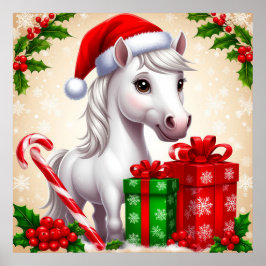 Festive Tecknad Horse in Santa Hat with Gifts Poster
