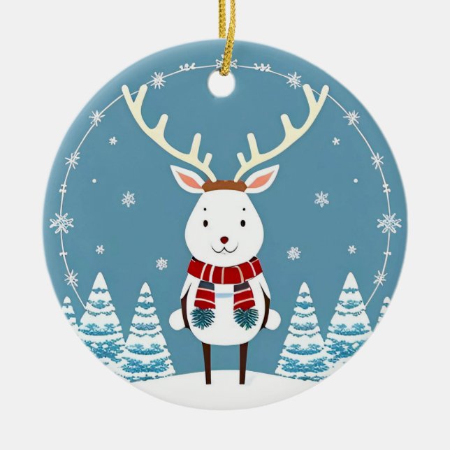 Festive Tecknad Reindeer with Scarf Julgransprydnad Keramik (Framsidan)