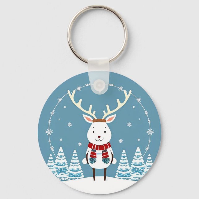 Festive Tecknad Reindeer with Scarf Nyckelring (Framsida)