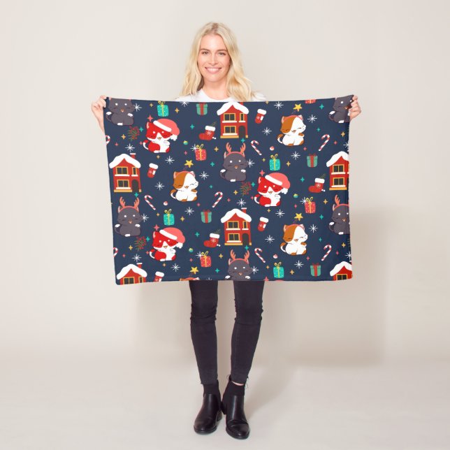 Festive Tecknad Santa Cat Firande Fleecefilt (På plats)
