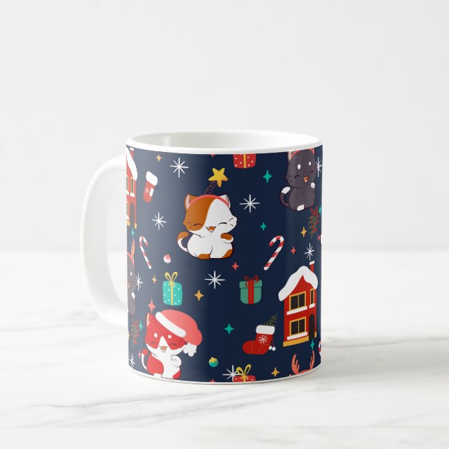 Festive Tecknad Santa Cat Firande Kaffemugg (Framsida vänster)