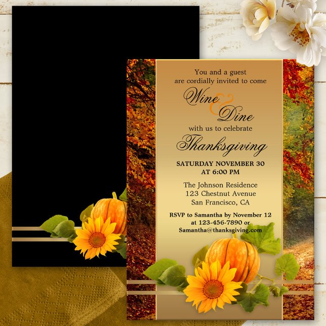 Festive Thanksgiving eller Fall Middag Party Inbjudningar (Festive Thanksgiving or Fall Celebration dinner party invitation featuring a pumpkin and sunflower )