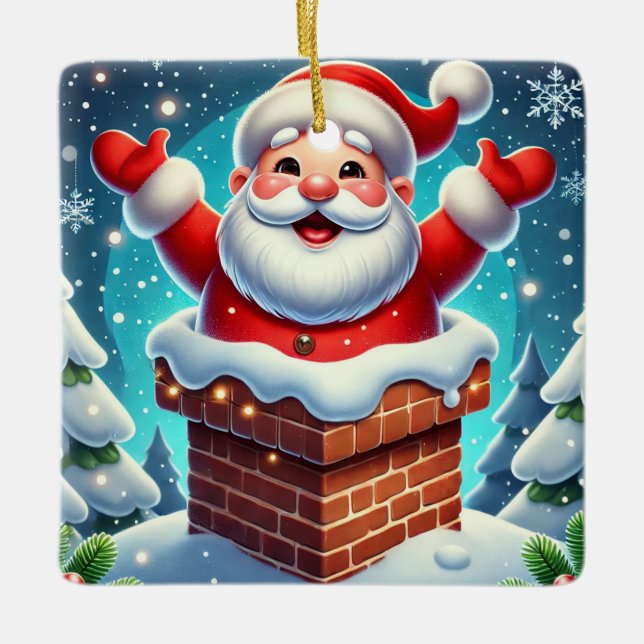 Festive Tomte Kommer Fram Ur Skorstenen Julgransprydnad Keramik (Framsida)