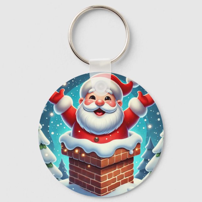 Festive Tomte Kommer Fram Ur Skorstenen Nyckelring (Framsida)
