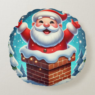 Festive Tomte Kommer Fram Ur Skorstenen Rund Kudde