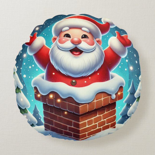 Festive Tomte Kommer Fram Ur Skorstenen Rund Kudde (Framsidan)