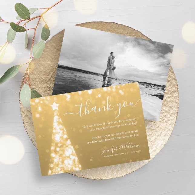 Festive Träd Guld Bröllop Photo Tack Inbjudningar (Festive Tree Gold Wedding Photo Thank You Invitation)