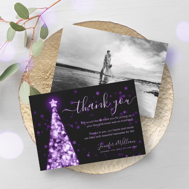 Festive Träd Lila Bröllop Photo Tack Inbjudningar (Festive Tree Purple Wedding Photo Thank You Invitation)