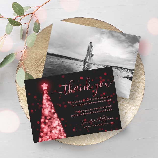 Festive Träd Red Black Bröllop Photo Tack Inbjudningar (Festive Tree Red Black Wedding Photo Thank You Invitation)