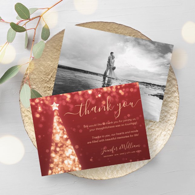 Festive Träd Red Bröllop Photo Tack Inbjudningar (Festive Tree Gold Red Wedding Photo Thank You Invitation)