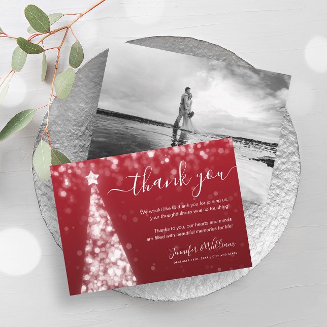 Festive Träd Red Bröllop Photo Tack Inbjudningar (Festive Tree Silver Red Wedding Photo Thank You Invitation)