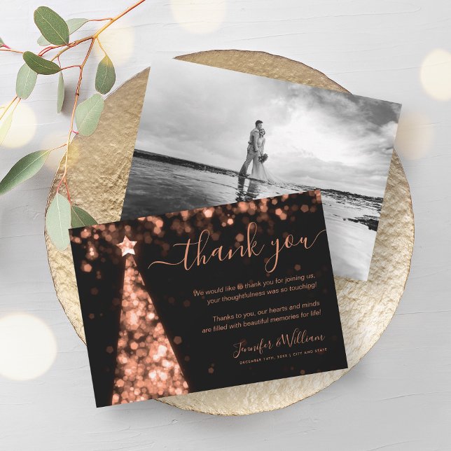 Festive Träd Ro Bröllop Guld-foto Tack Inbjudningar (Festive Tree Rose Gold Wedding Photo Thank You Invitation)