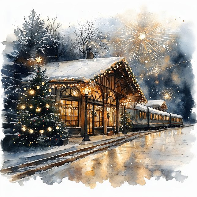 Festive Train Station with Fireworks and New Year  Julkort (Skapare uppladdad)