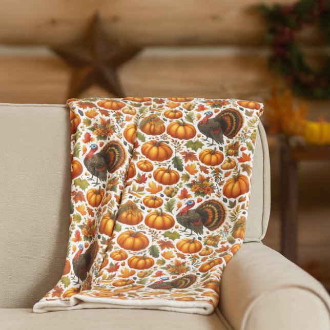 Festive Turkey and Pumpkin Autumn Decor Fleecefilt (cozy fleece blanket with pumpkins and turkey print on white )