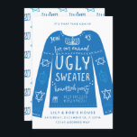 Festive Ugly Sweater Hanukkah-partiets inbjudninga Inbjudningar<br><div class="desc">En ful svettare med en smula ful design i traditionell blått och vitt komplett med hanukkiah och presenter för din judeönskvärda julfest.</div>