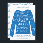 Festive Ugly Sweater Hanukkah-partiets inbjudninga Inbjudningar<br><div class="desc">En ful svettare med en smula ful design i traditionell blått och vitt komplett med hanukkiah och presenter för din judeönskvärda julfest.</div>