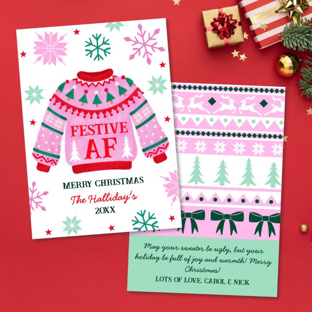 Festive Ugly Sweater & Snöflingor par Julkort (Festive Ugly Sweater & Snowflakes Couple Holiday Card)