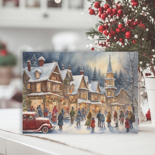 Festive Village Winter Snö jul jul Julkort (Elegant Christmas painting postcard with a snow-covered winter village)