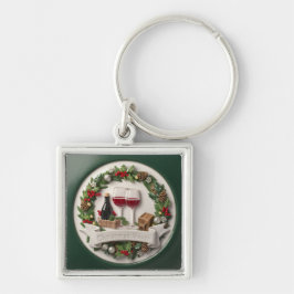 Festive Vin och Ornament High-Relief Fyrkantig Silverfärgad Nyckelring