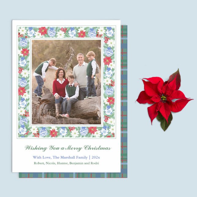 Festive Vintage Botanical Ram God jul Julkort (Classic Blue White Red Festive Botanical Family Picture Frame Holidays Card With Plaid Reverse)