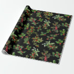 Festive Vintage Holly Black Background Presentpapper<br><div class="desc">Den kommande julen lämnar grönt och röda bär. Charming- och nostalgiskt grafikkort från Viktoriansk tidsålder som digitalt återställs till ny livlighet och detaljrikedom. Bakgrunden färg är redigerbar (svart används i förhandsvisningen) och sömlöst mönster kan skalas upp eller ned.</div>