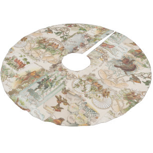 Festive Vintage jul Bird and Flower Ephemera Julgransmatta Borstad Polyester