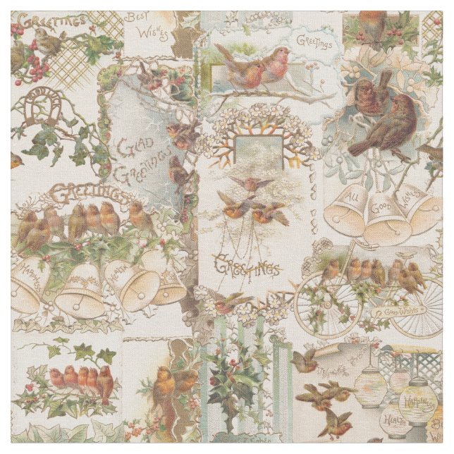 Festive Vintage jul Bird and Flower Ephemera Tyg (Närbild)