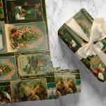 Festive Vintage jul Card Collage-Grönt BG Presentpapper<br><div class="desc">Festiv och färglös kollage av helgdag med veteranjekort från Victorian-tiden,  inklusive Santa,  änglar,  stjärnor,  blommor från säsong och friskt hälsning på djup oliv grönt bakgrund med guld-gnistor.</div>