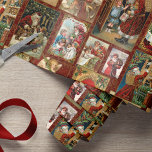 Festive Vintage jul Card Collage Red BG Presentpapper<br><div class="desc">Festiv och färglös kollage av helgdag med veteranjulskort från Victoriantiden inklusive Santa,  änglar,  stjärnor,  blommor från säsong och hälsning på mörk ruby red bakgrund med subtle guld damask overlay mönster.</div>