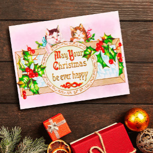 Festive Vintage jul Hälsning Cats Holly Vykort