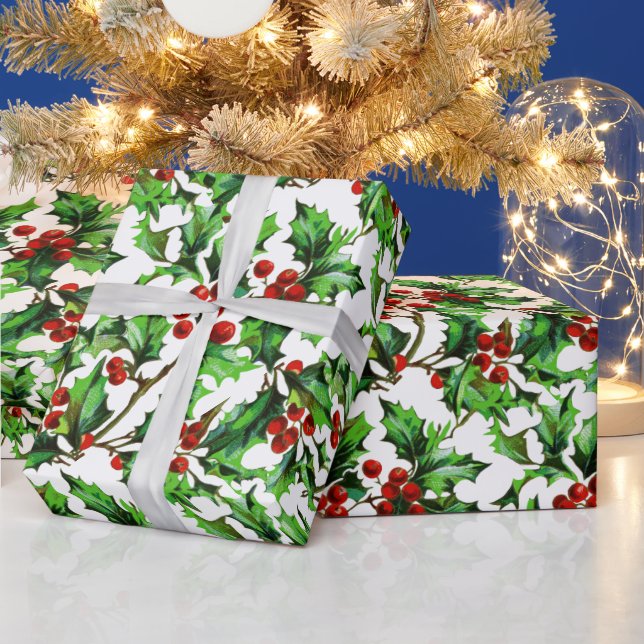 Festive Vintage jul Red Holly Berries Presentpapper (Helgdagar)