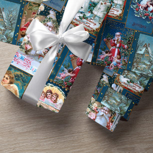 Festive Vintage-julkort Collage-Blue BG Presentpapper