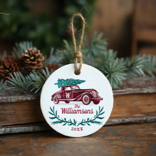 Festive Vintage Red Car Julgran Monogram Julgransprydnad Keramik
