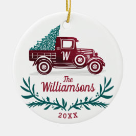 Festive Vintage Red Lastbil Julgran Monogram Julgransprydnad Keramik