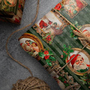 Festive Vintage Santas in Ornate Ramar w/Holly Presentpapper