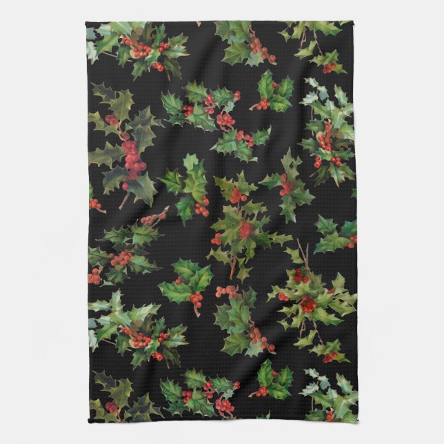 Festive Vintage Stil Holly-Black Background Kökshandduk (Vertikal)