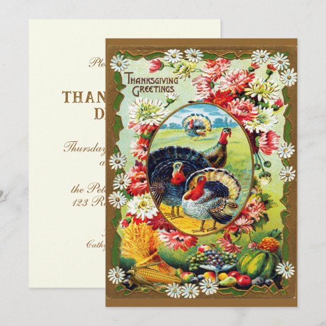Festive Vintage Traditional Thanksgiving Middag Inbjudningar (Fram/baksida)