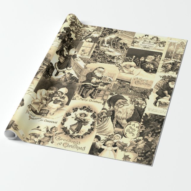 Festive Vintage Victorian jultomten Collage Presentpapper (Utrullad)