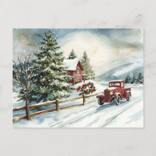 Festive Vintage Watercolor-julscen Vykort