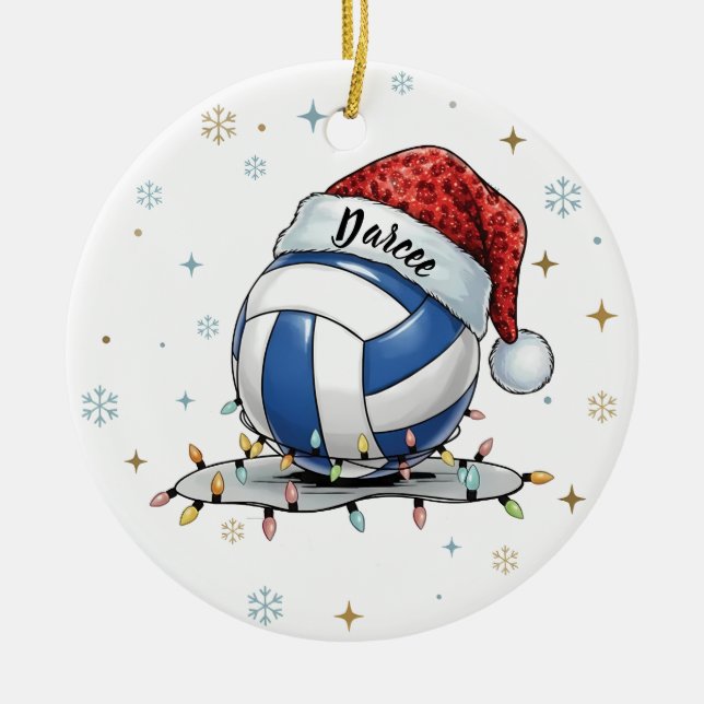 Festive Volleyball Holiday Design with Snowflakes  Julgransprydnad Keramik (Framsidan)