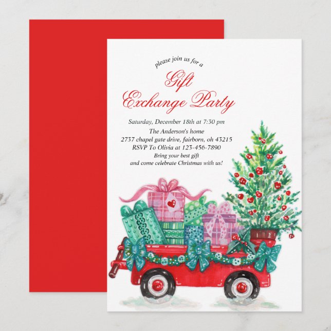 Festive Watercolor Christmas Gift Exchange Party  Inbjudningar (Fram/baksida)