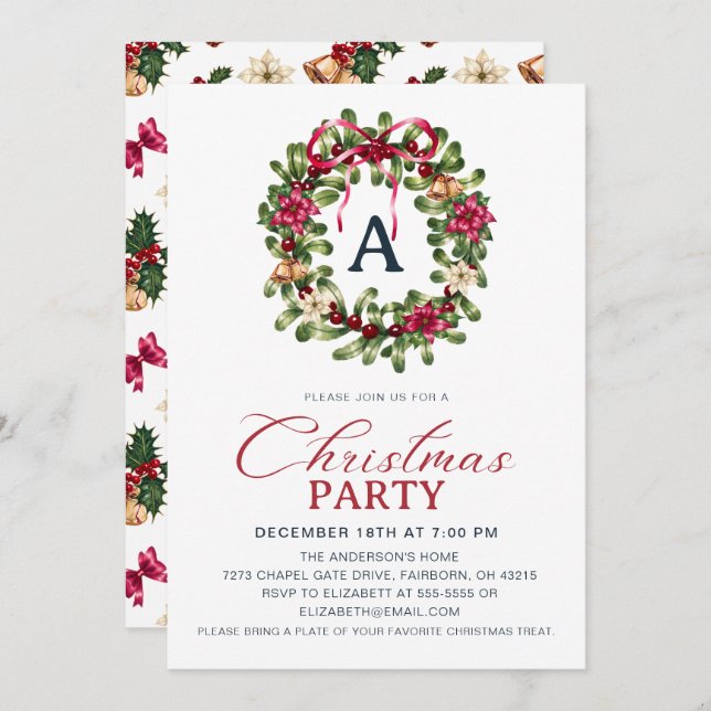 Festive Watercolor Christmas Holly Wreath Party Inbjudningar (Fram/baksida)