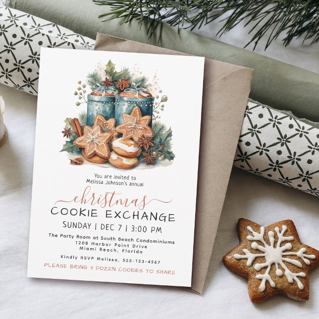 Festive Watercolor Cookie Exchange Party Inbjudningar (Available in both printed and instant download digital formats.)