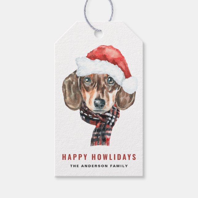 Festive Watercolor Dachshund jultomten Presentetikett (Framsidan)
