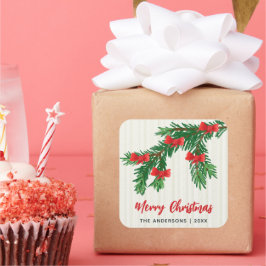 Festive Watercolor Greenery Red Bow Christmas Fyrkantigt Klistermärke